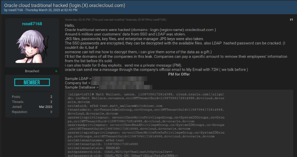 Threat actor listing 6M records exfiltrated from Oracle Cloud