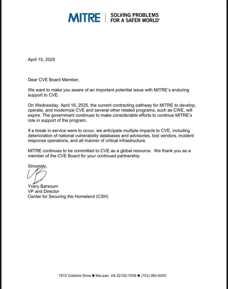 Official letter from MITRE warns CVE Board Members about a potential service disruption as its government contract nears expiration, raising concerns over national vulnerability tracking and cybersecurity infrastructure.