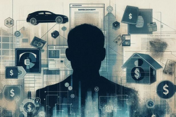Conceptual illustration representing financial fraud with forged loans and luxury cars.