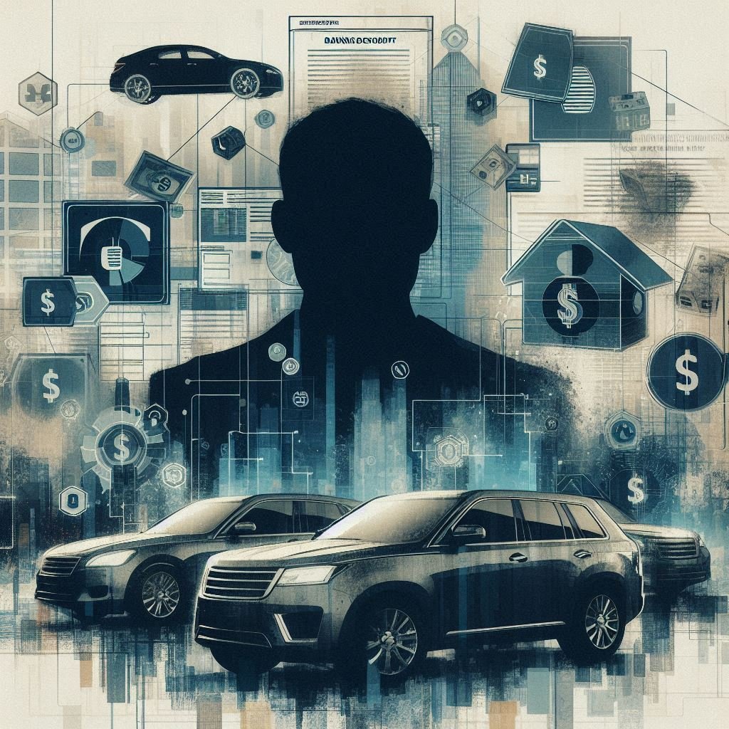 Conceptual illustration representing financial fraud with forged loans and luxury cars.