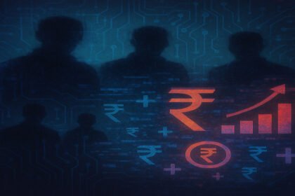 Online financial fraud through digital symbols and human silhouettes on a tech backdrop.