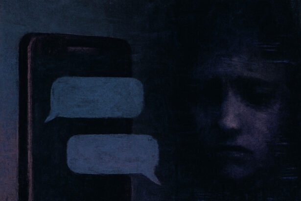 smartphone and distressed face to represent teen sextortion risks via iMessage.”