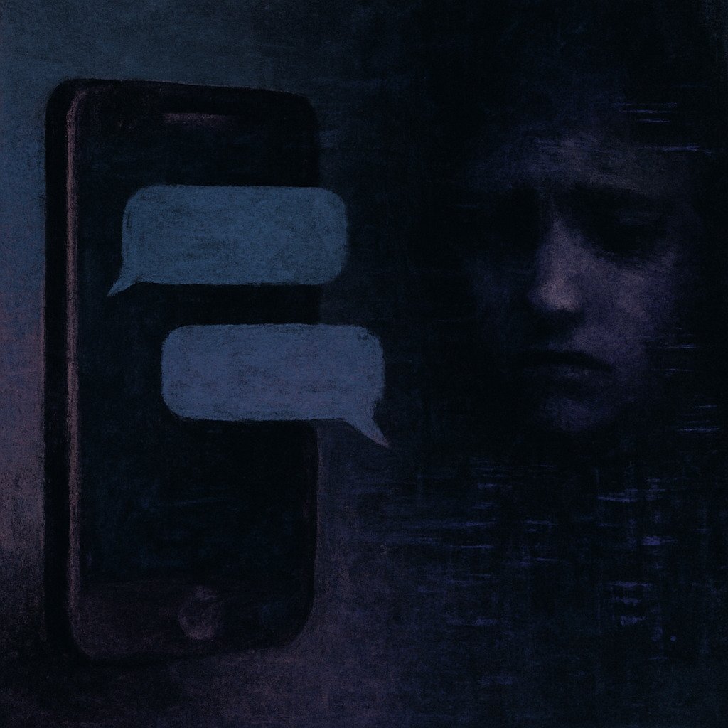 smartphone and distressed face to represent teen sextortion risks via iMessage.”