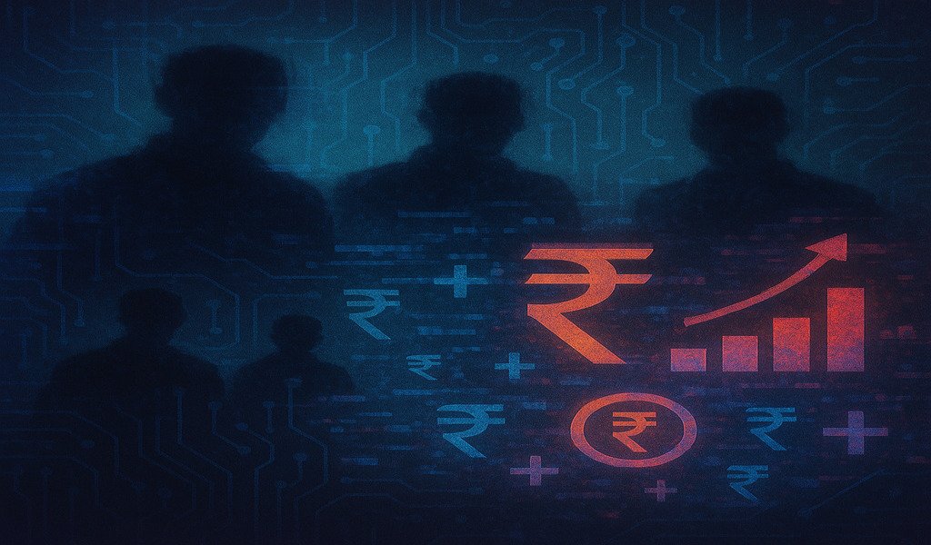 Online financial fraud through digital symbols and human silhouettes on a tech backdrop.