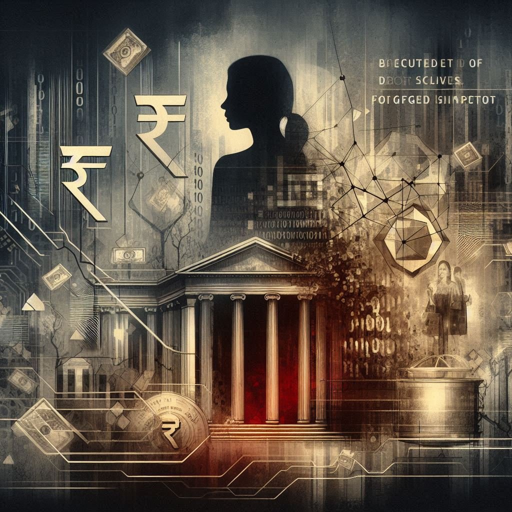 Conceptual digital artwork showing banking fraud involving forged documents and misused customer funds.