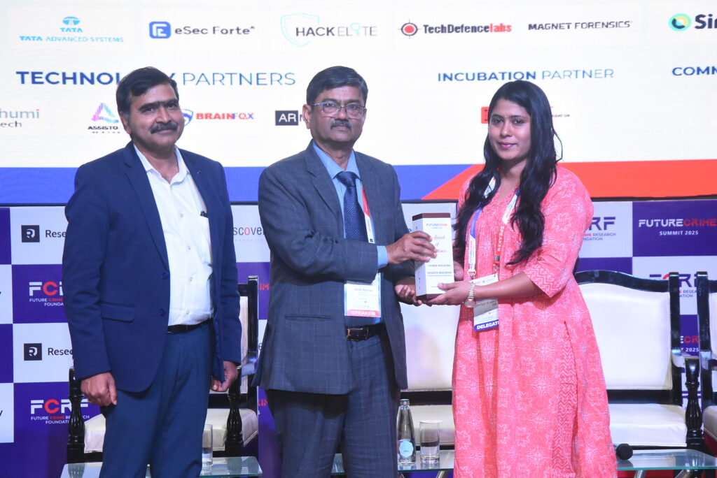 Sangeeta Mazumdar receiving her award at FutureCrime Summit 2025.