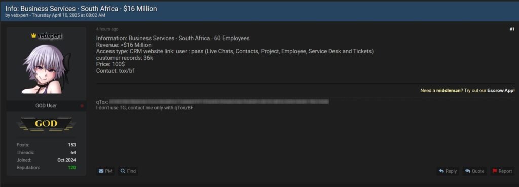 Screenshot of the post where hacker claims to be selling South African firm data.