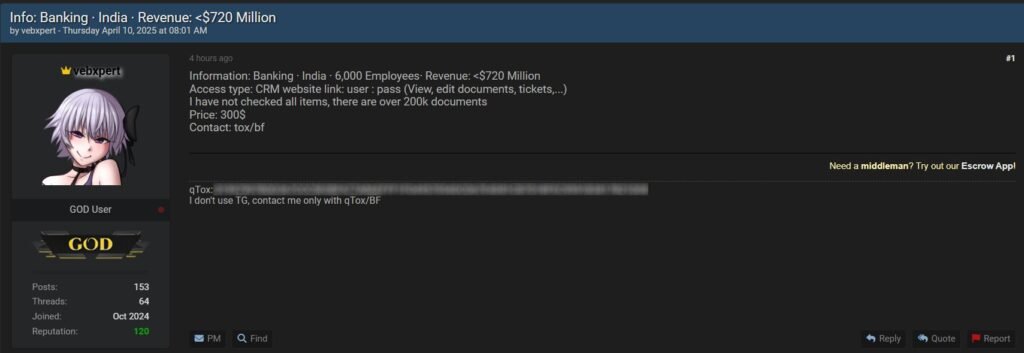 Screenshot of the post where hacker claims to be selling Indian bank data.