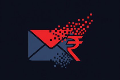 envelope and rupee symbol breaking into pixels, representing digital financial fraud.