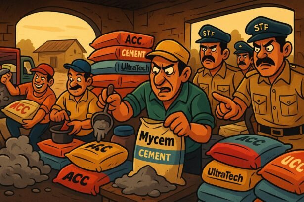 STF officers raiding a fake cement factory where workers are repackaging counterfeit cement bags labeled as ACC, Mycem, and Ultratech.