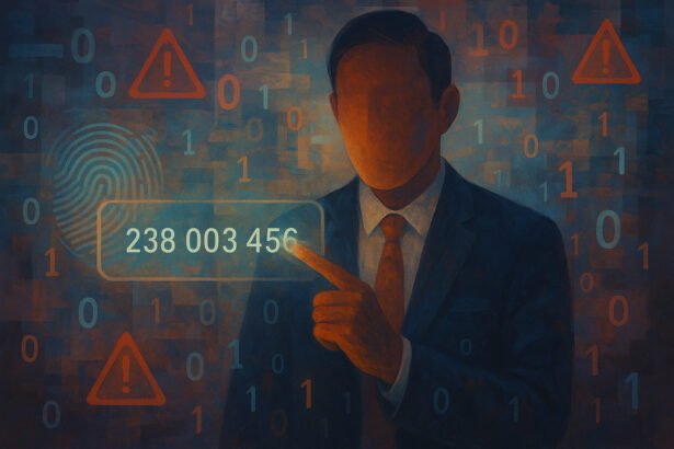 Faceless man in a suit tampering with a virtual phone number interface, surrounded by binary code, warning symbols, and a digital fingerprint.
