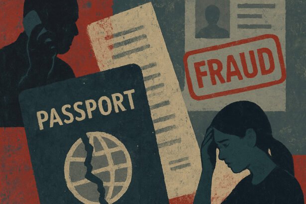 roken ID documents, shadowy figures, and distress symbols to depict immigration fraud targeting students.”