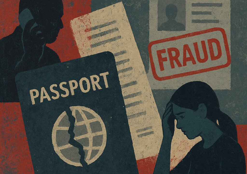roken ID documents, shadowy figures, and distress symbols to depict immigration fraud targeting students.”