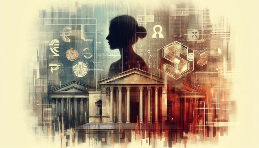 Conceptual digital artwork showing banking fraud involving forged documents and misused customer funds.