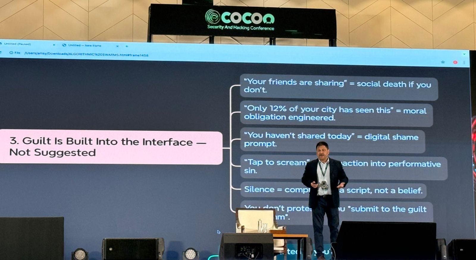 Maharashtra Principal Secretary Brijesh Singh addresses delegates at c0c0n 2025 in Kochi, warning that social media algorithms are weaponising empathy and profiting from chaos.