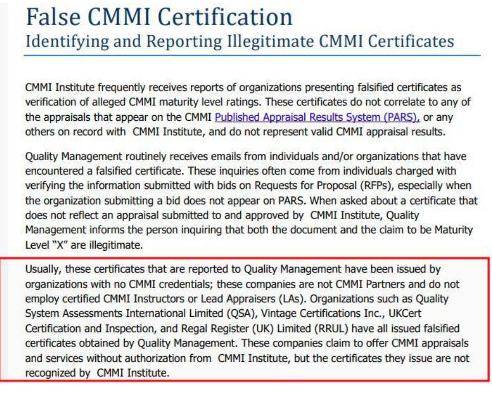 An excerpt from the CMMI Institute’s official guidance on “False CMMI Certification,” warning that certificates issued by non-authorised organisations—whose appraisals do not appear on the Published Appraisal Results System (PARS)—are illegitimate and not recognised by the Institute.