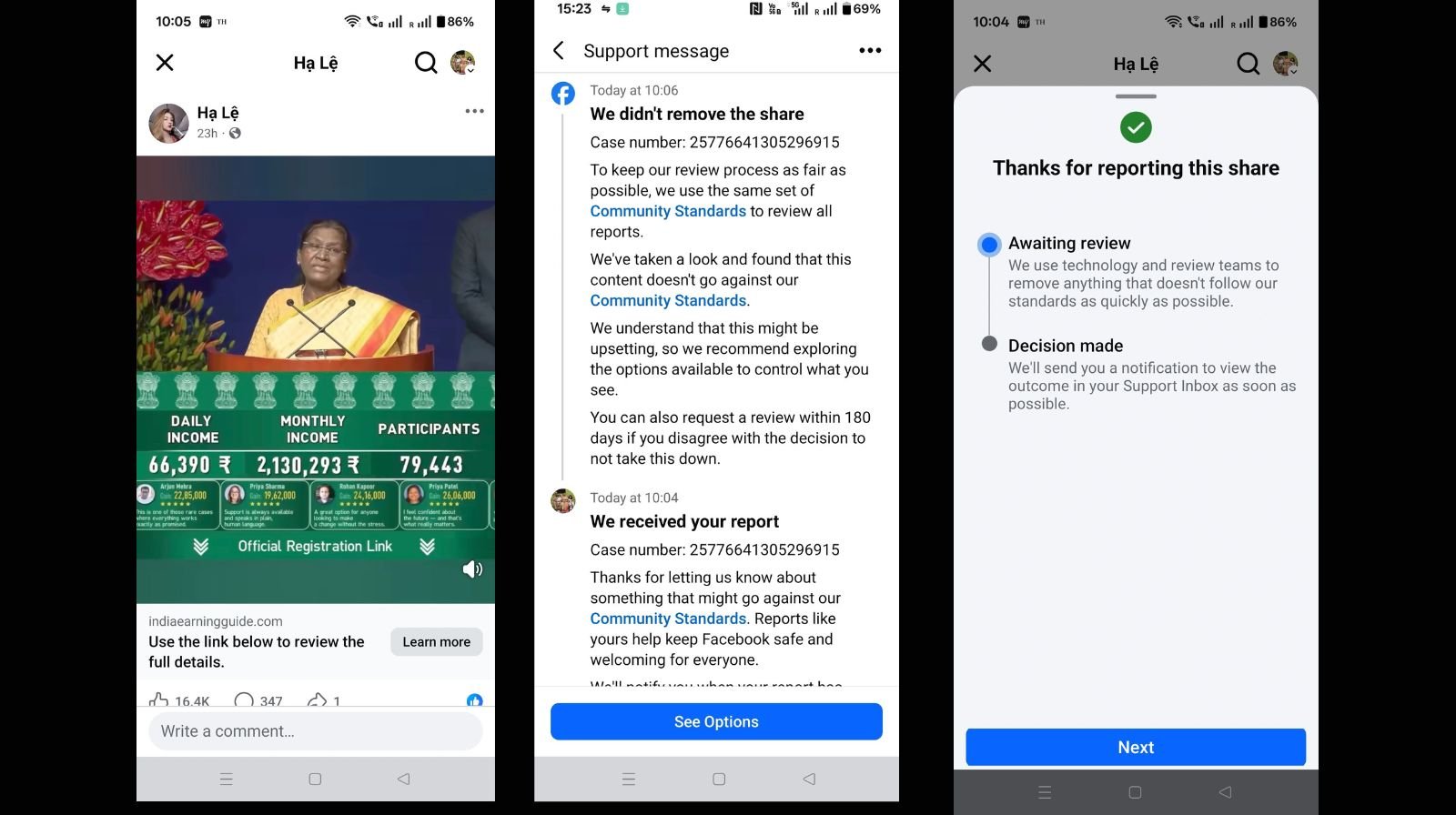 Screenshots shared by Dr Fakkeerappa Kaginelli, IPS (Andhra Pradesh Police) show a deepfake Facebook advertisement impersonating President Droupadi Murmu, along with Meta’s response declining to remove the content despite it being reported as misleading and objectionable.