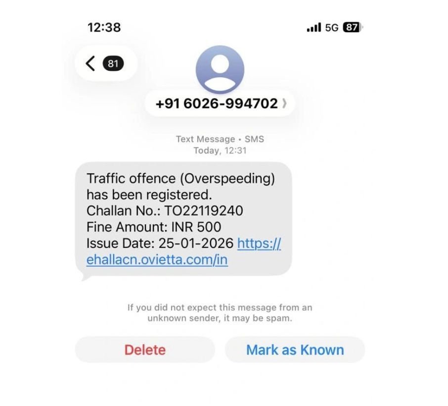 A fraudulent e-challan SMS sent from a regular 10-digit Indian mobile number, redirecting victims to a phishing website — a tactic enabled by telecom mule apps like Wingo.