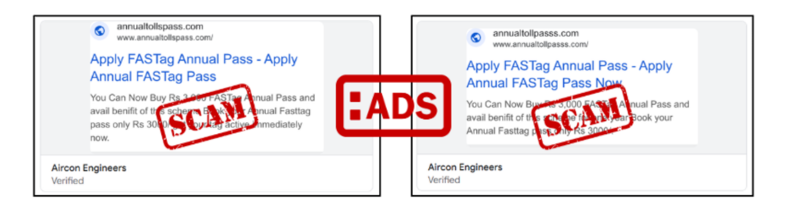 Fraudsters are using paid Google Ads to promote fake FASTag Annual Pass websites, making phishing portals appear as top search results and luring users into transferring money to mule bank accounts.