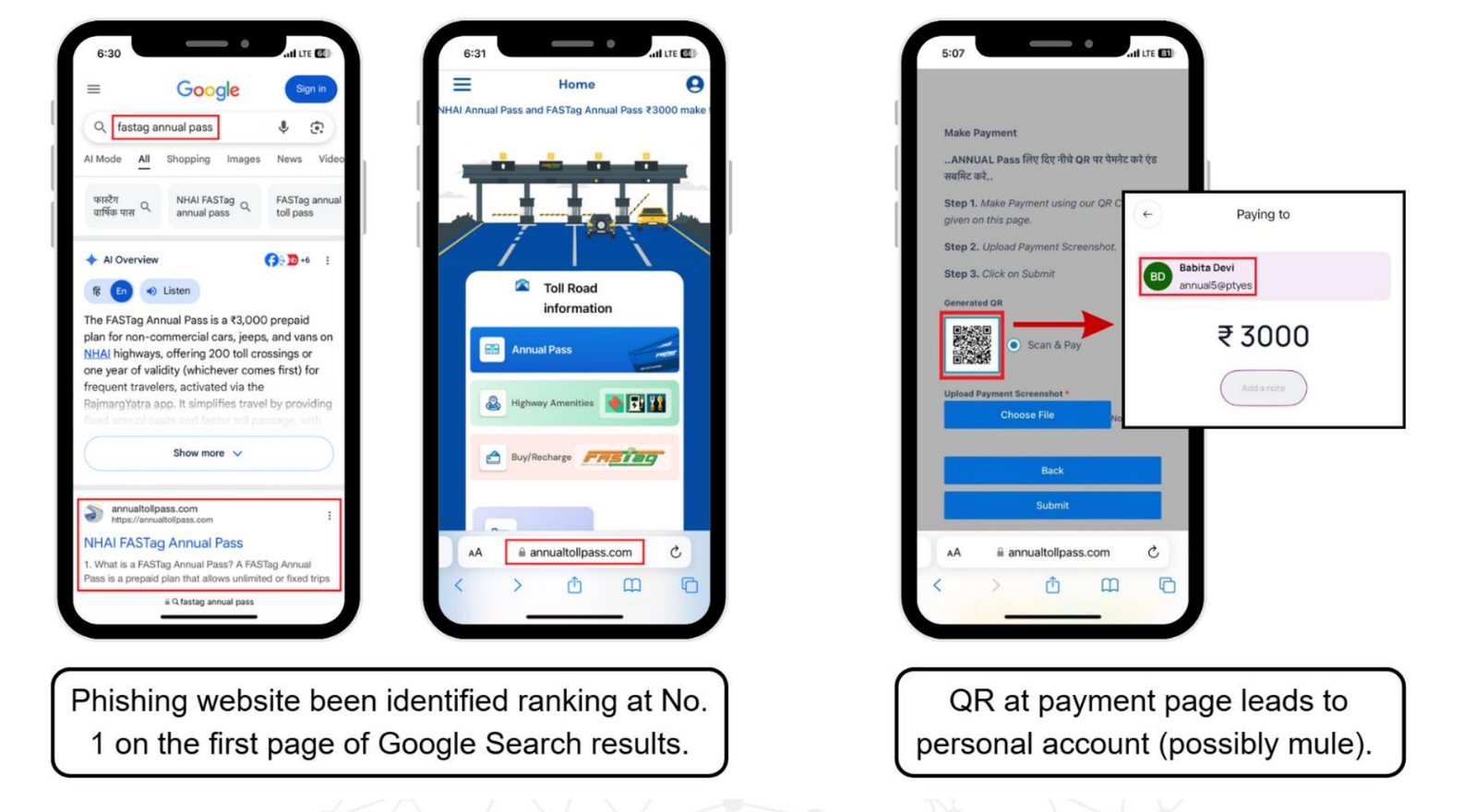 How a fake FASTag Annual Pass website ranks at the top of Google search results and redirects users to scan a QR code that transfers ₹3,000 to a personal bank account, allegedly operated by mule handlers.