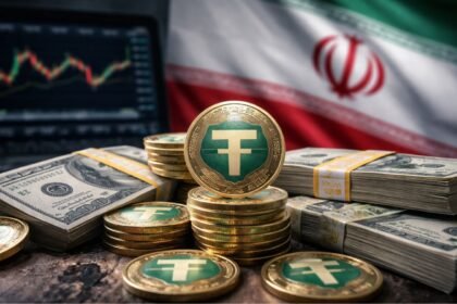 Representative image of Iran’s shadow crypto economy, showing stablecoins, cash, and digital trading infrastructure amid sanctions and financial scrutiny.