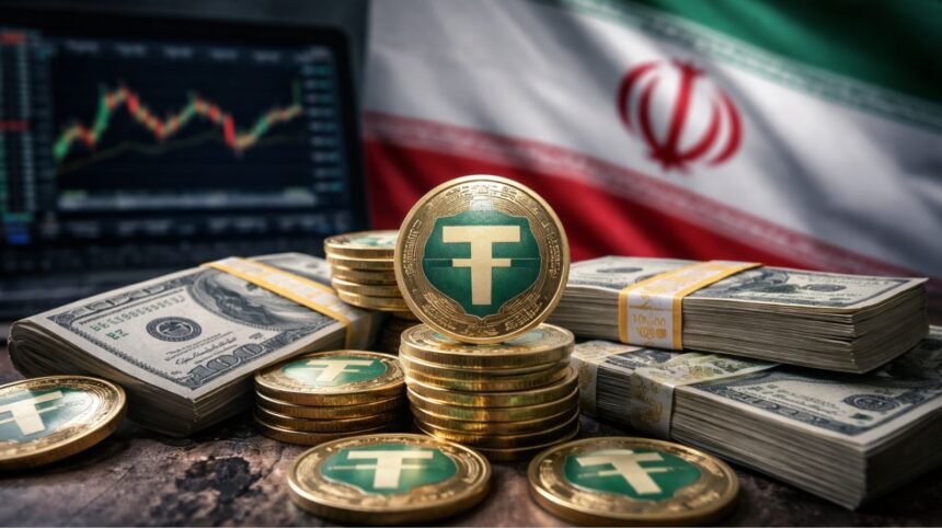 Representative image of Iran’s shadow crypto economy, showing stablecoins, cash, and digital trading infrastructure amid sanctions and financial scrutiny.