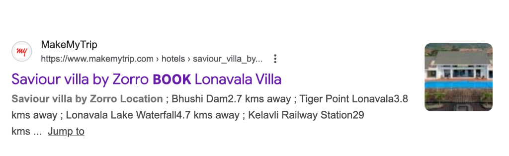 Screenshot of listing of fake property- Saviour Villa by Zorro on Makemytrip platform.