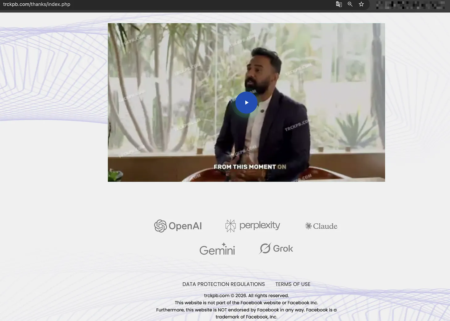 TRCKPB.COM landing page using prominent AI-brand imagery alongside the promotional video